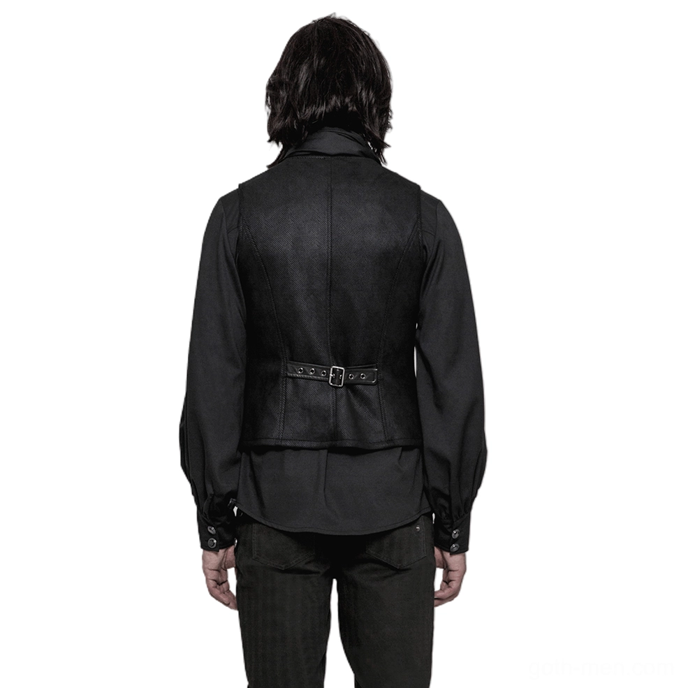 Black gothic waistcoat back view showing adjustable leather belt and matte twill fabric