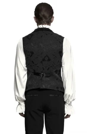 Black gothic jacquard waistcoat with adjustable back belt and damask pattern, back view full-body shot