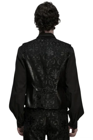 Black gothic waistcoat back view showing full damask embroidery and metal waist buckle adjustment