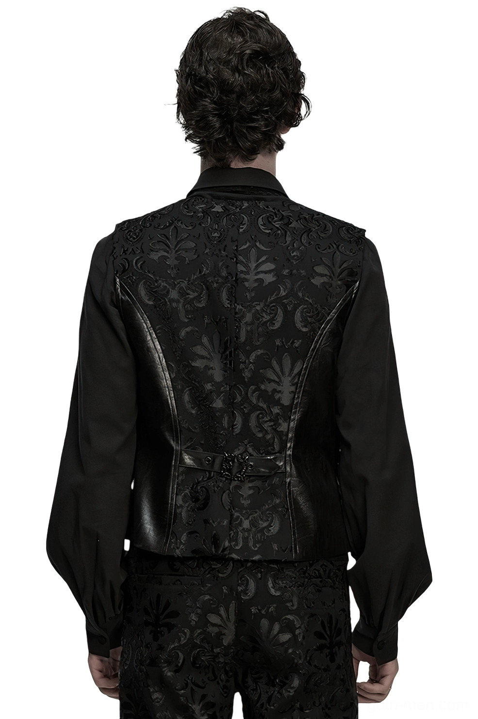 Black gothic waistcoat back view showing full damask embroidery and metal waist buckle adjustment