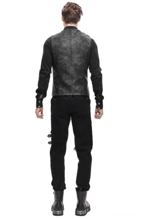 Asymmetric gothic leather vest rear view showing back panel and distressed PU leather texture
