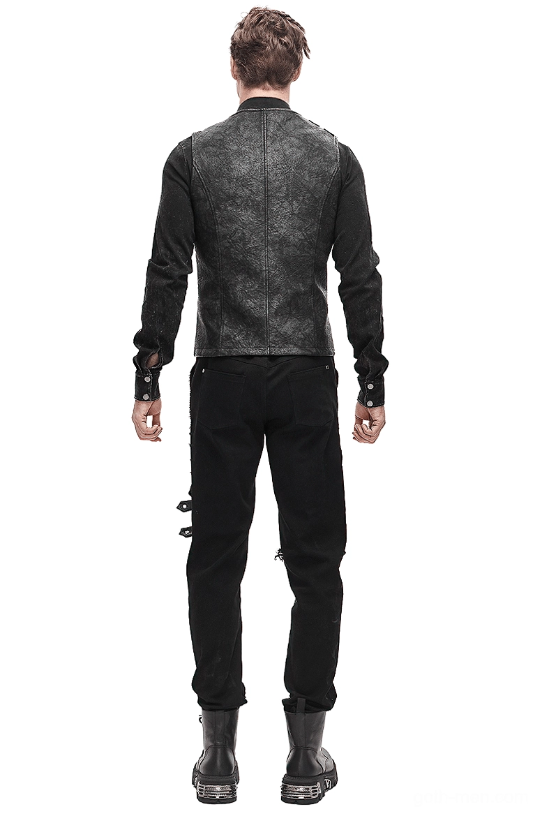 Asymmetric gothic leather vest rear view showing back panel and distressed PU leather texture