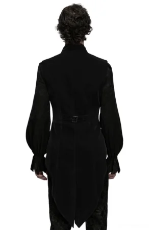 Black gothic waistcoat rear view showing split tailcoat hem and adjustable waist buckle