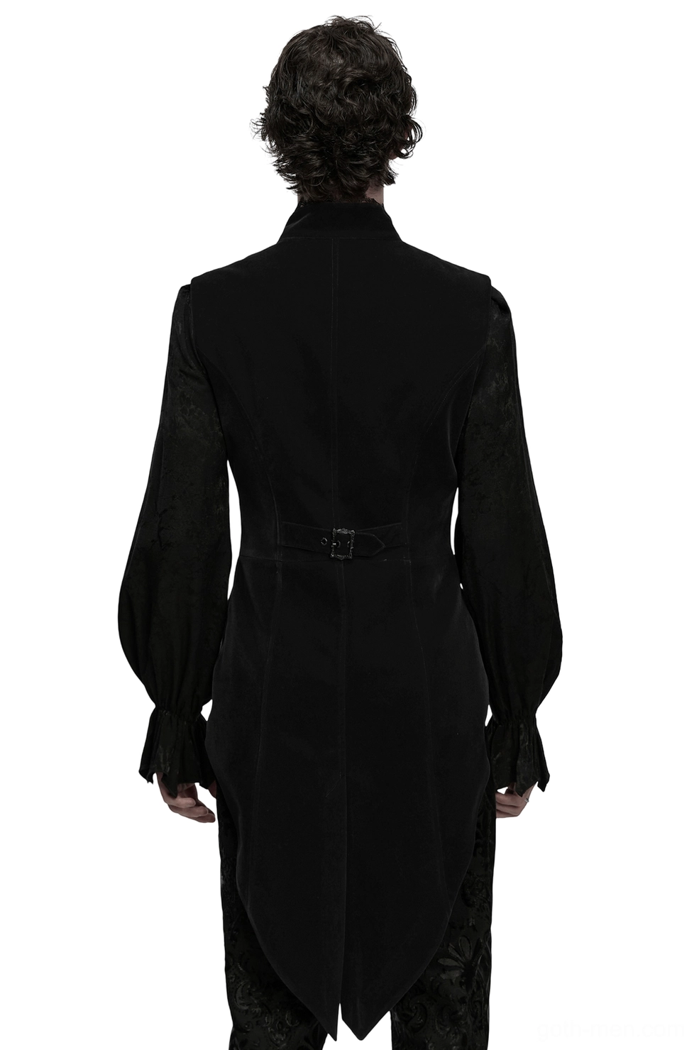 Black gothic waistcoat rear view showing split tailcoat hem and adjustable waist buckle
