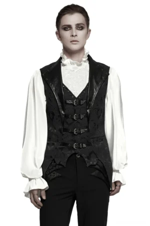 Black gothic jacquard waistcoat with bat hem and metal buckles worn by male model, front view full-body shot