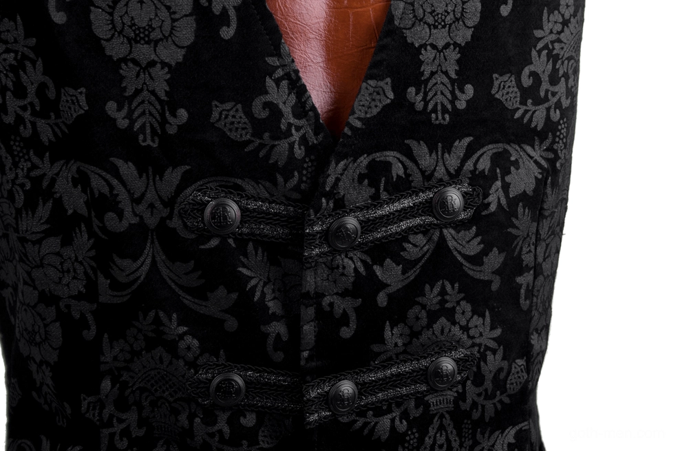 Black gothic damask waistcoat front button placket and V-neckline design detail on dress form