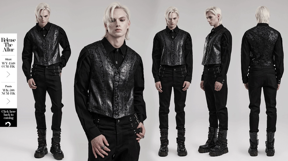 Black gothic waistcoat construction detail showing fitted seams tailored silhouette craftsmanship
