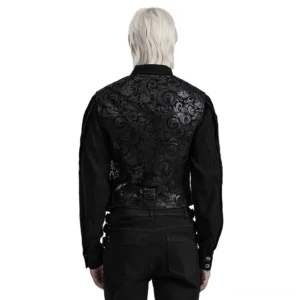 Black V-neck gothic waistcoat back view showing full embossed scroll pattern leather detail on male model