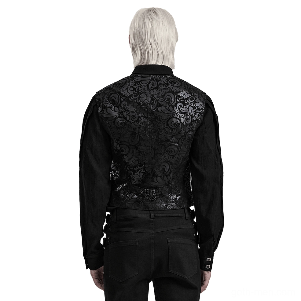 Black V-neck gothic waistcoat back view showing full embossed scroll pattern leather detail on male model