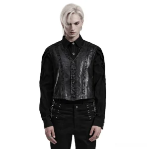 Black V-neck gothic waistcoat with embossed scroll leather detail front view on male model studio shot