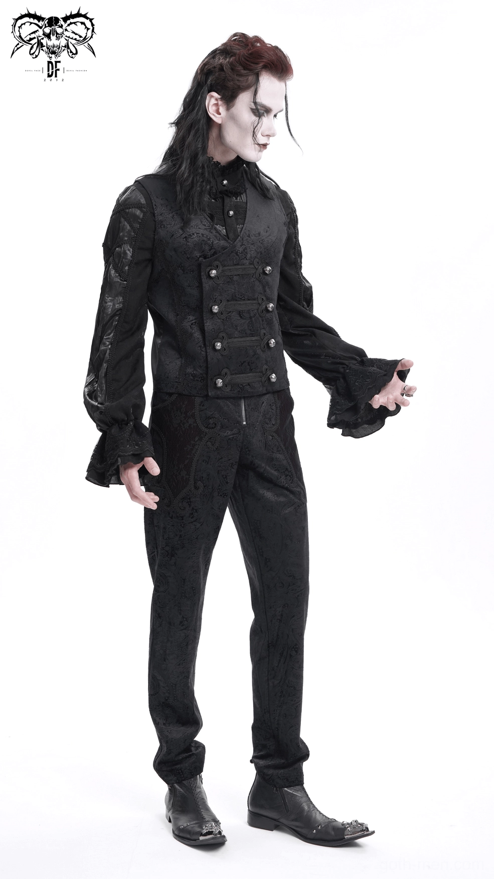Black gothic waistcoat front detail view showcasing embroidered pattern and frog button fasteners