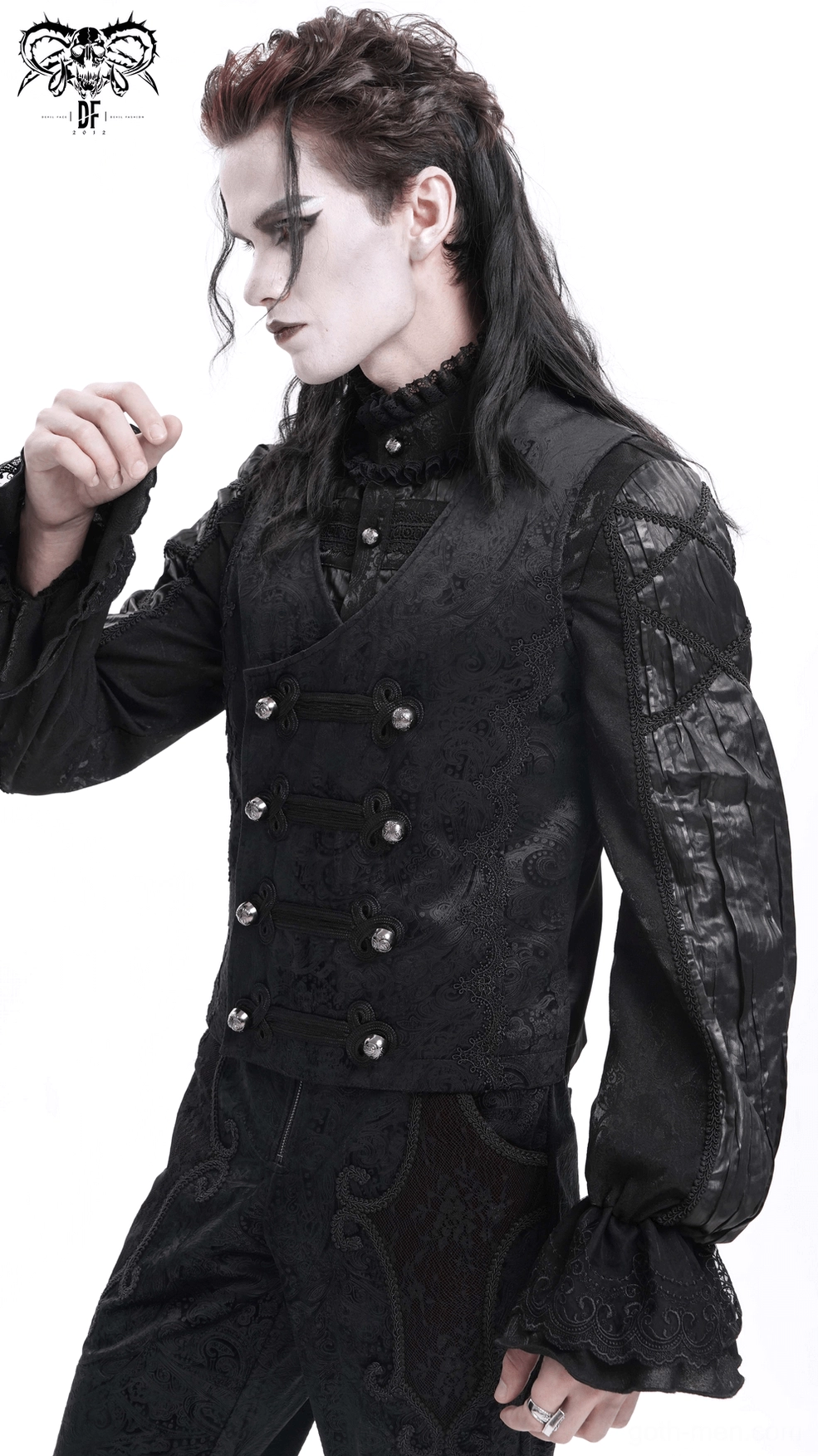 Black gothic waistcoat full body front view showing ornate embroidery and double-breasted frog closure design