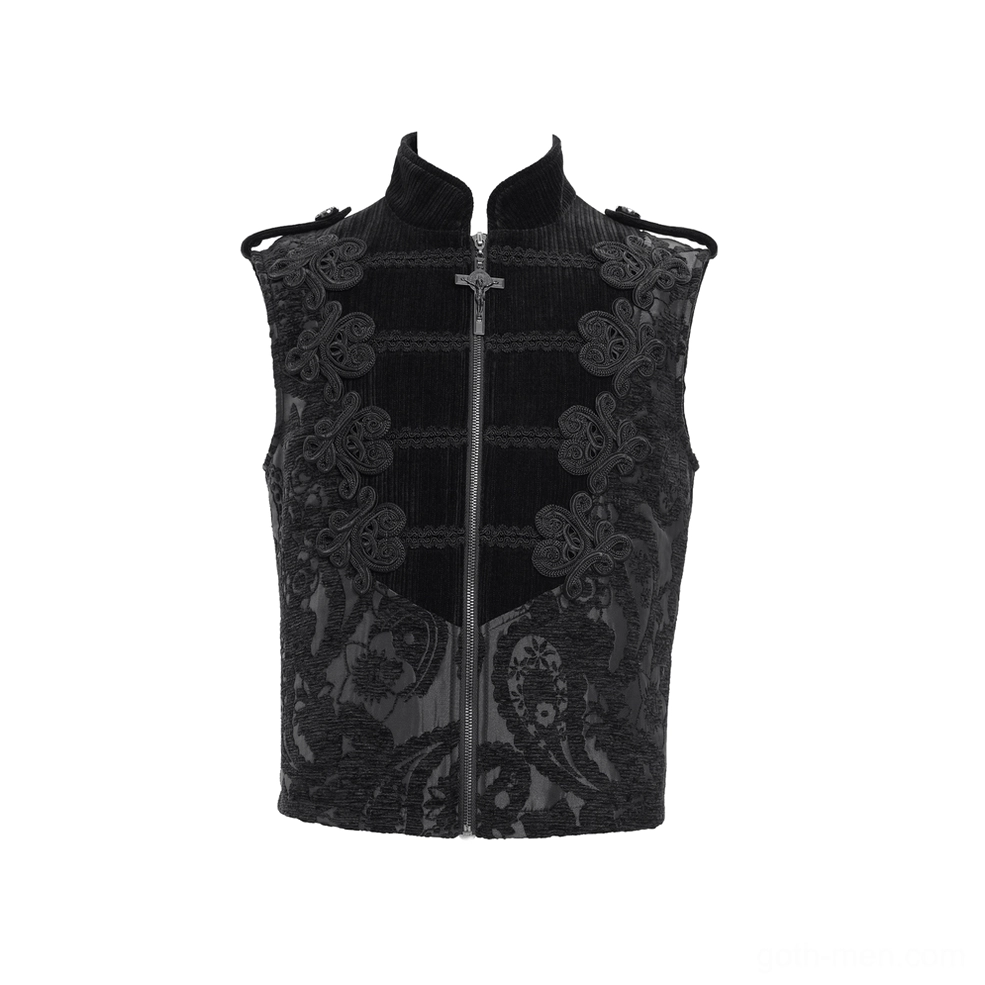 Men's gothic black waistcoat flat lay display front showing cross zipper and embroidery