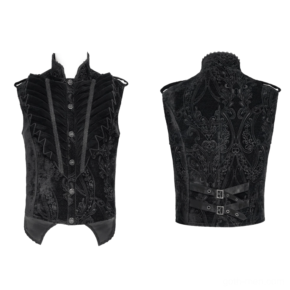 Front and back flat lay display of men's black velvet gothic waistcoat showing complete design, stand collar, and waist adjustment buckles