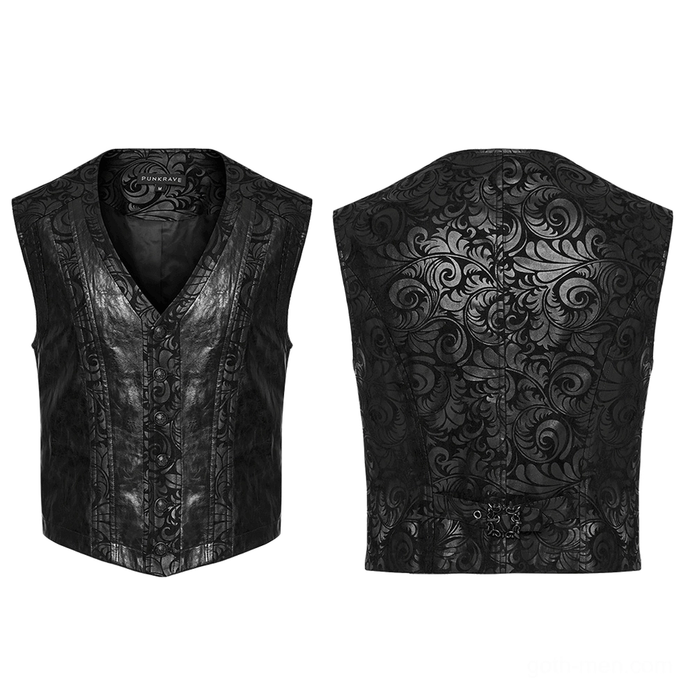 Black gothic waistcoat front and back flat lay view embossed leather scroll design V-neckline