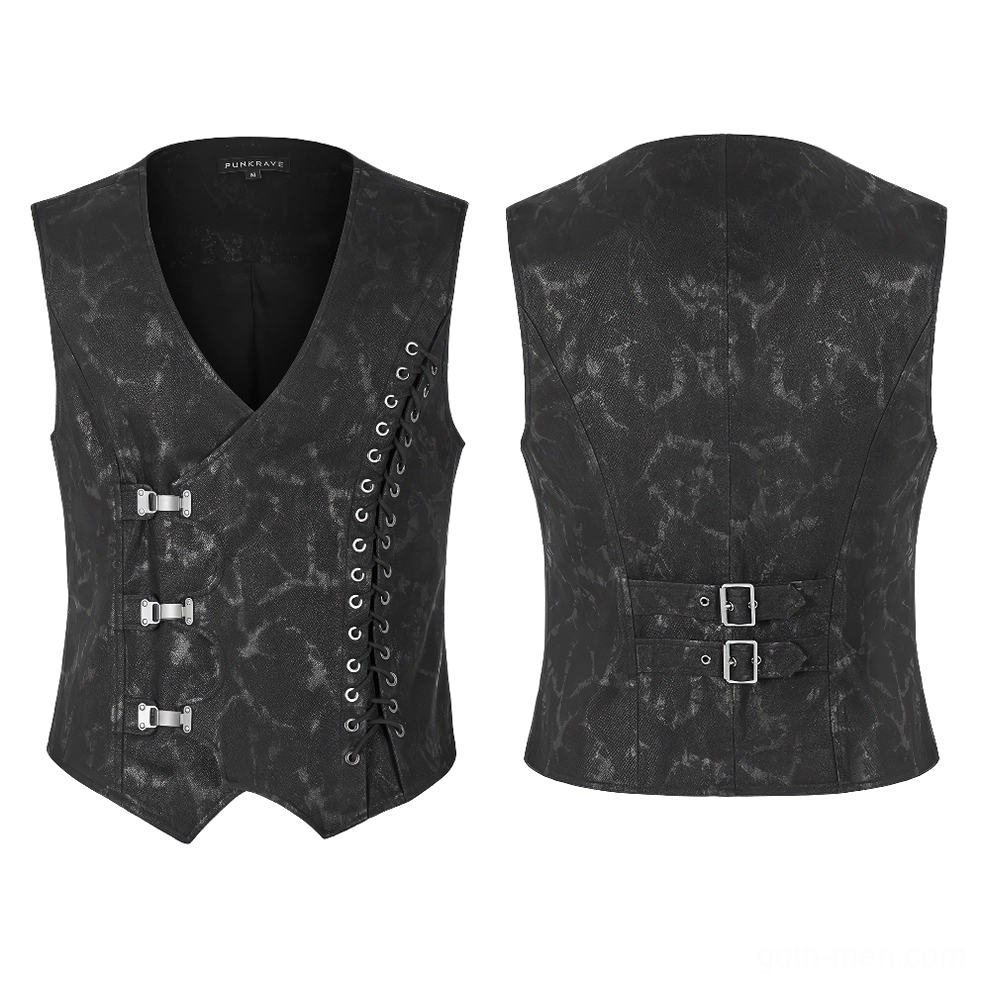 Black gothic buckle lace vest flat lay front and back - textured fabric and metal hardware details