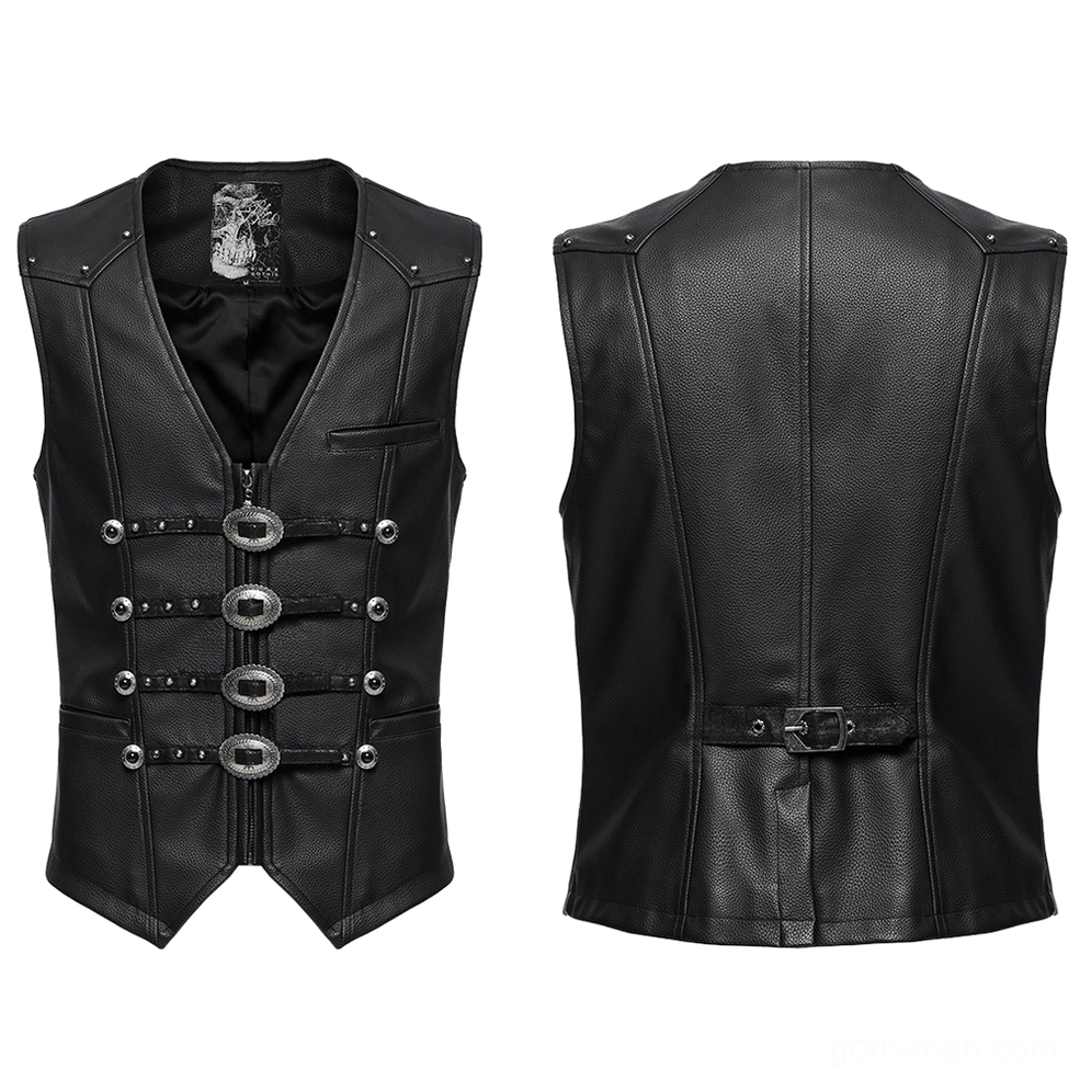 Black faux leather gothic waistcoat flat lay front and rear display with metal hardware details