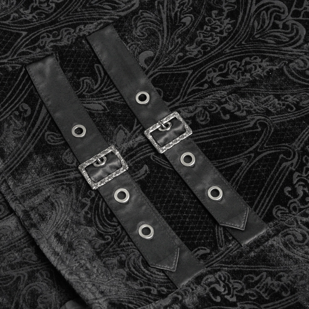 Front view of men's gothic velvet waistcoat showing button placket, pleated trim, and damask weave detail