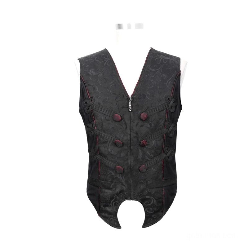 Black gothic jacquard waistcoat on mannequin front display with zipper and red button closure