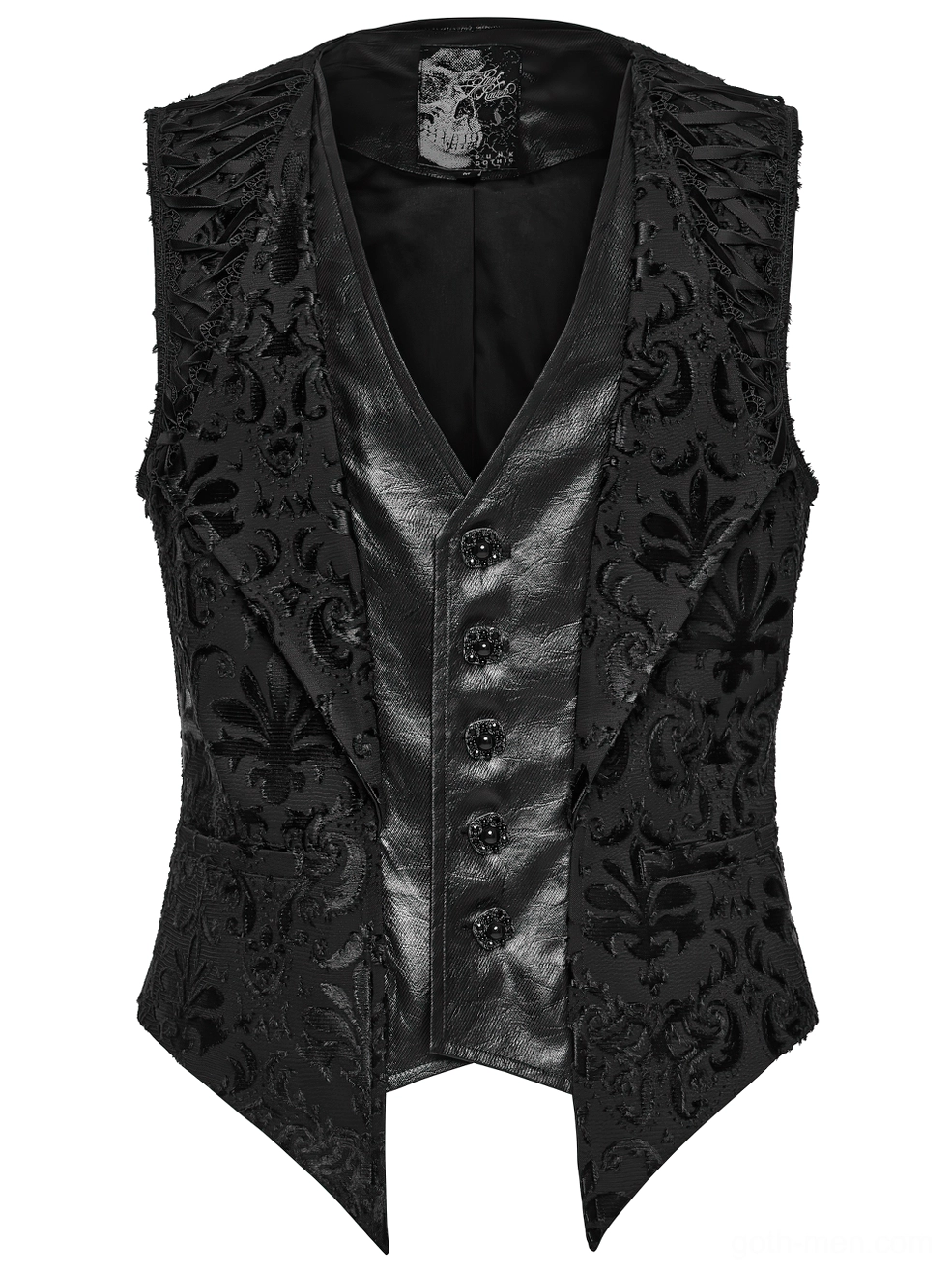 Black gothic waistcoat front detail flat lay featuring ornate metal buttons with black gem accents and peaked hem