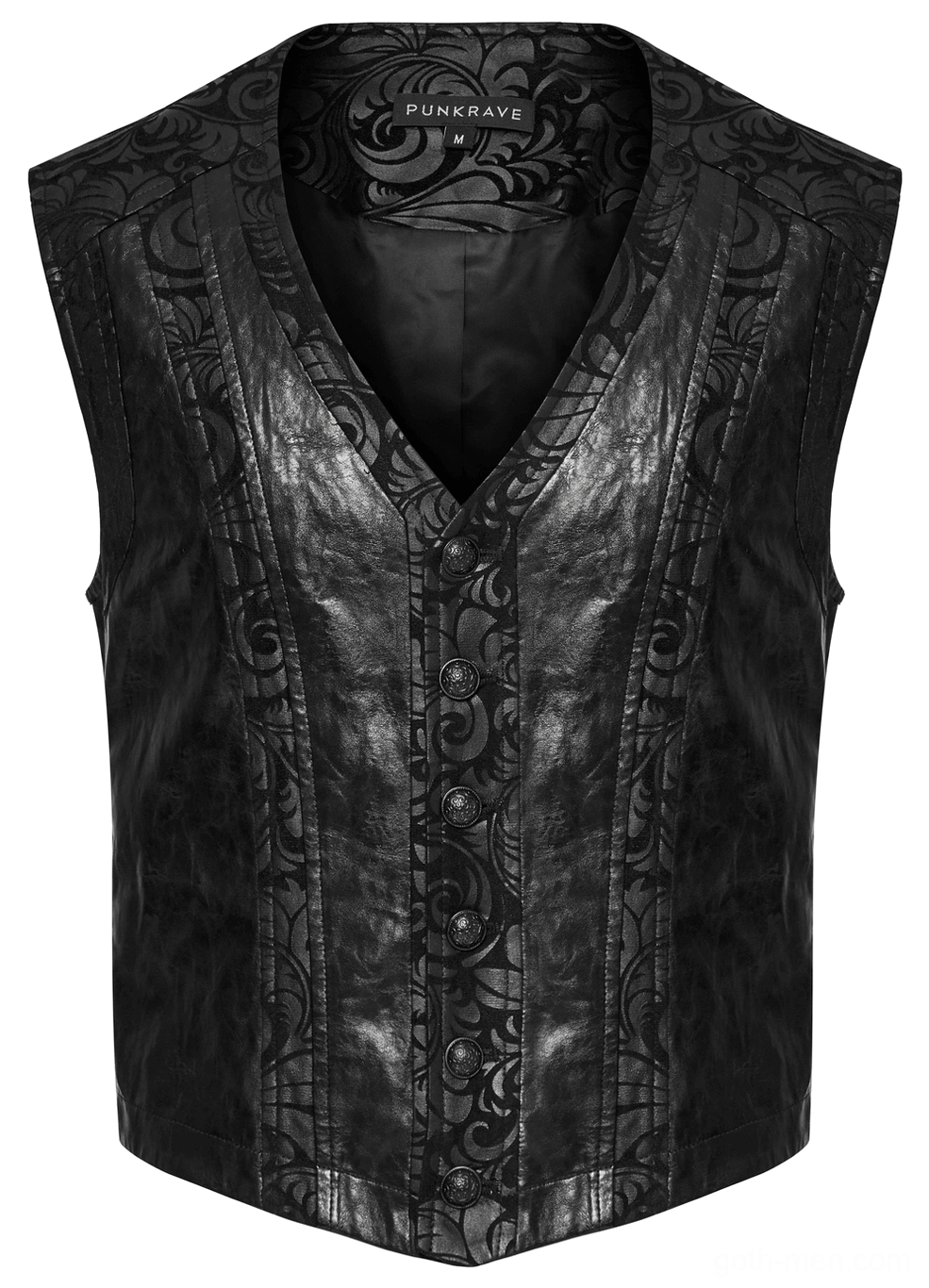 Black gothic waistcoat front flat lay detail showing V-neck button placket embossed leather