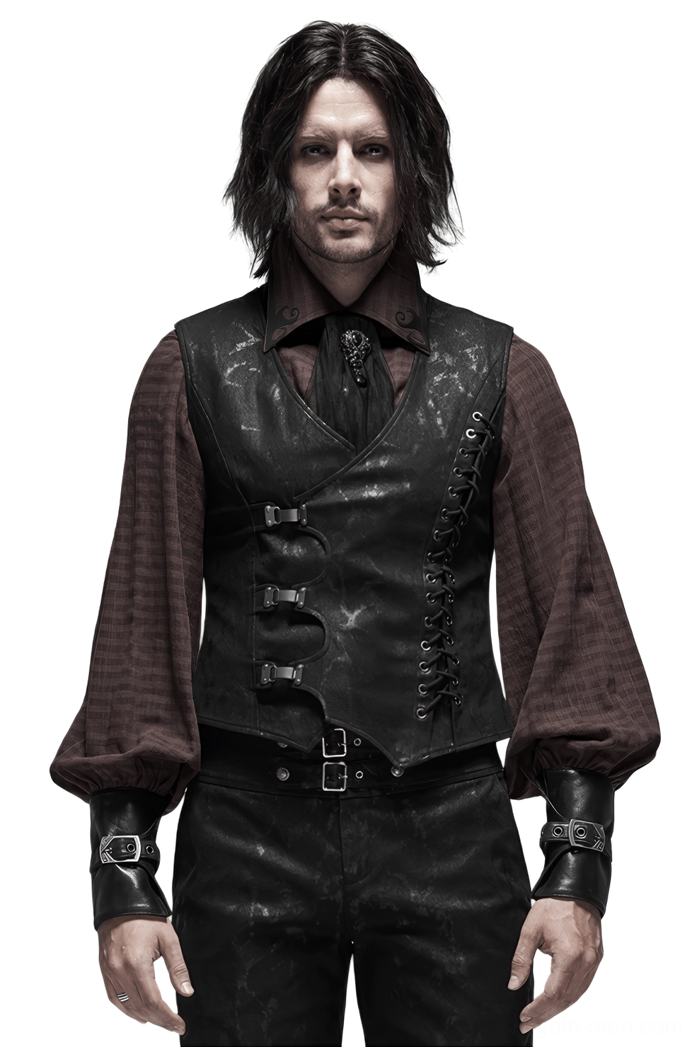 Black gothic buckle lace mens vest front view on model - industrial waistcoat with metal buckles and side lacing