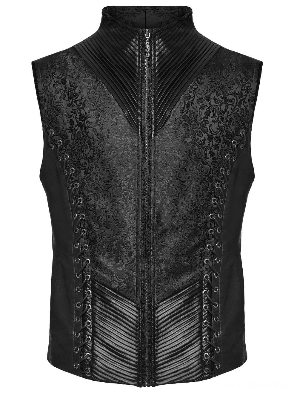 Black gothic sleeveless waistcoat with front zipper and pleated lower section - front flat view