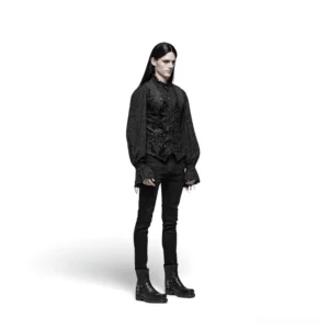 Full body side profile of black gothic jacquard waistcoat paired with black skinny pants and leather ankle boots