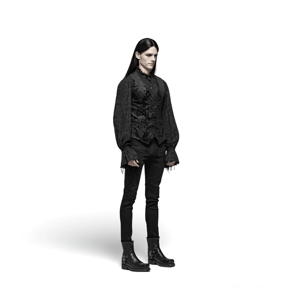 Full body side profile of black gothic jacquard waistcoat paired with black skinny pants and leather ankle boots