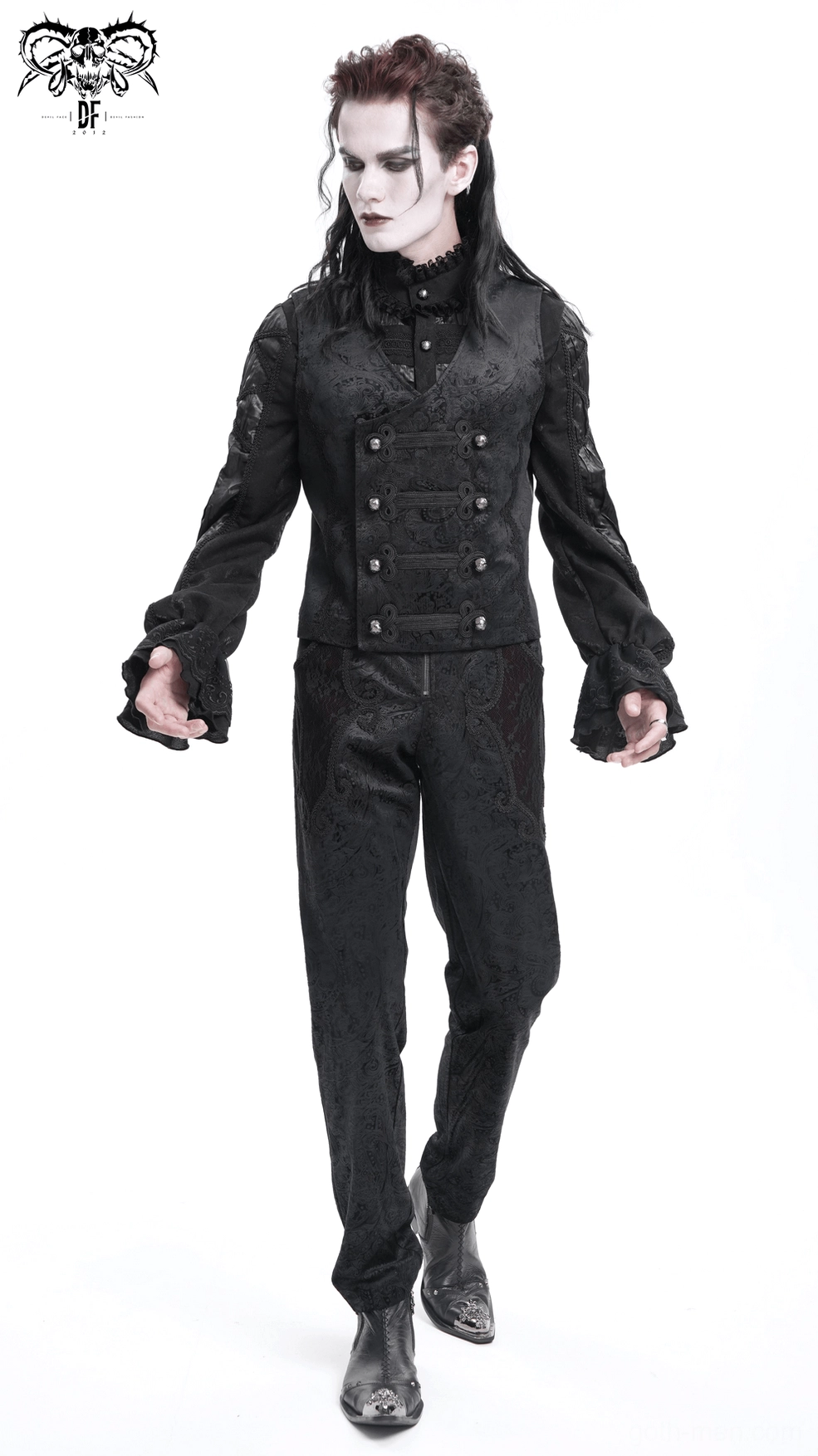 Black gothic waistcoat close-up of intricate paisley jacquard weave and metal button craftsmanship