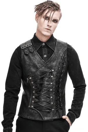 Black asymmetric gothic leather waistcoat with lace-up sides and shoulder buckles, front view on male model