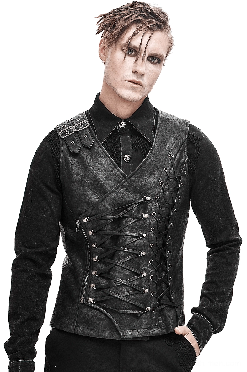 Black asymmetric gothic leather waistcoat with lace-up sides and shoulder buckles, front view on male model