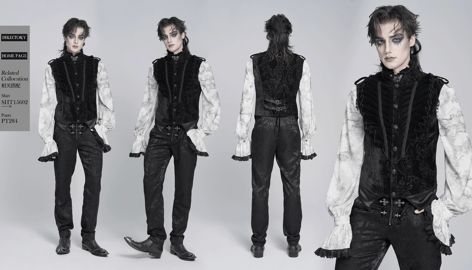 Men's gothic black velvet waistcoat worn layered with formal shirt, demonstrating Victorian goth styling and elegance