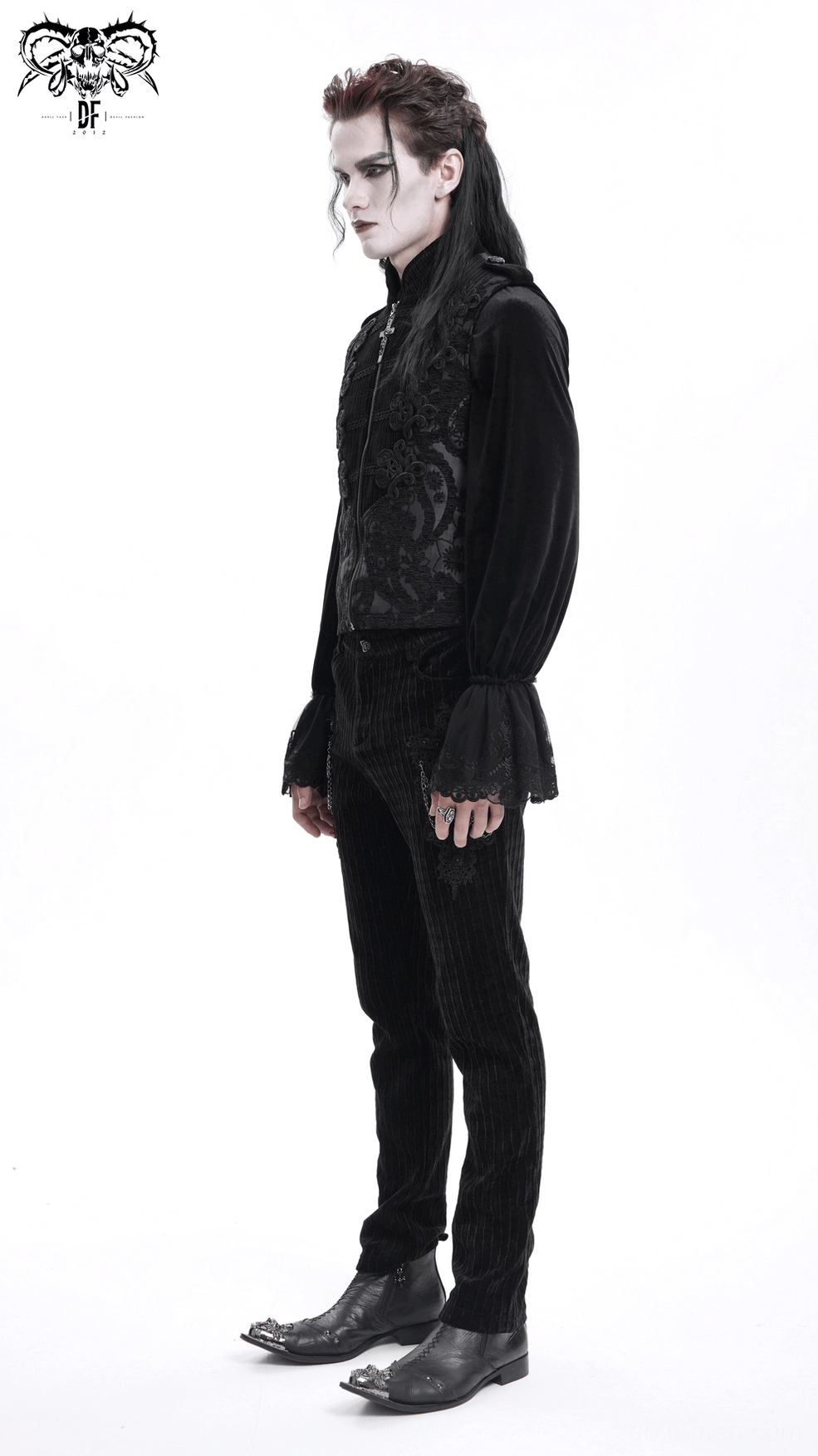 Black gothic waistcoat lining and internal construction detail close-up