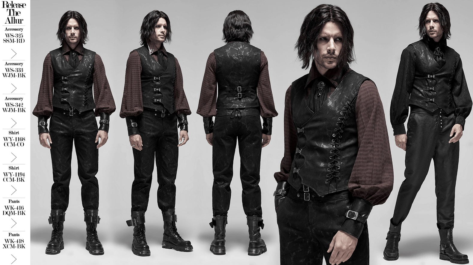Black gothic waistcoat mens fashion - industrial buckle and lace detail styling