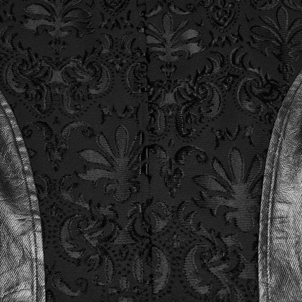 Black gothic waistcoat vintage metal waist buckle close-up showing damask jacquard fabric texture detail