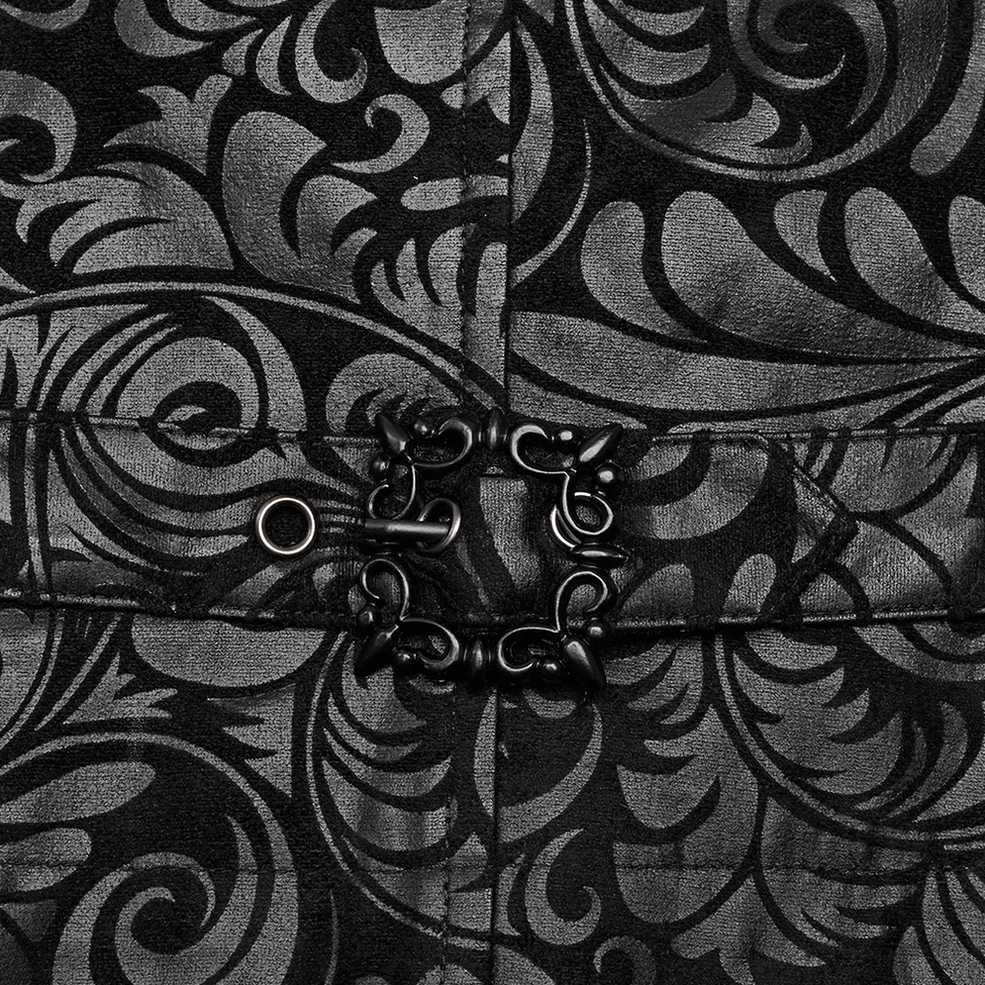Black gothic waistcoat waist buckle close-up vintage metal hook closure scroll embossed fabric
