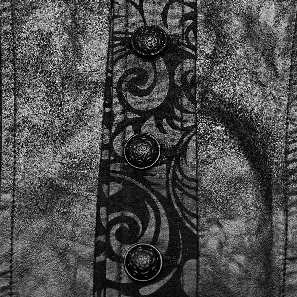 Black gothic waistcoat button placket close-up embossed round metal buttons leather texture