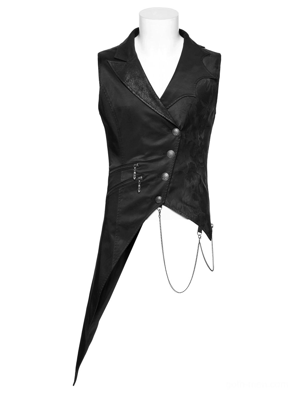 Gothic waistcoat on mannequin front perspective showcasing carved metal buttons and dual zipper pockets with chain pendants