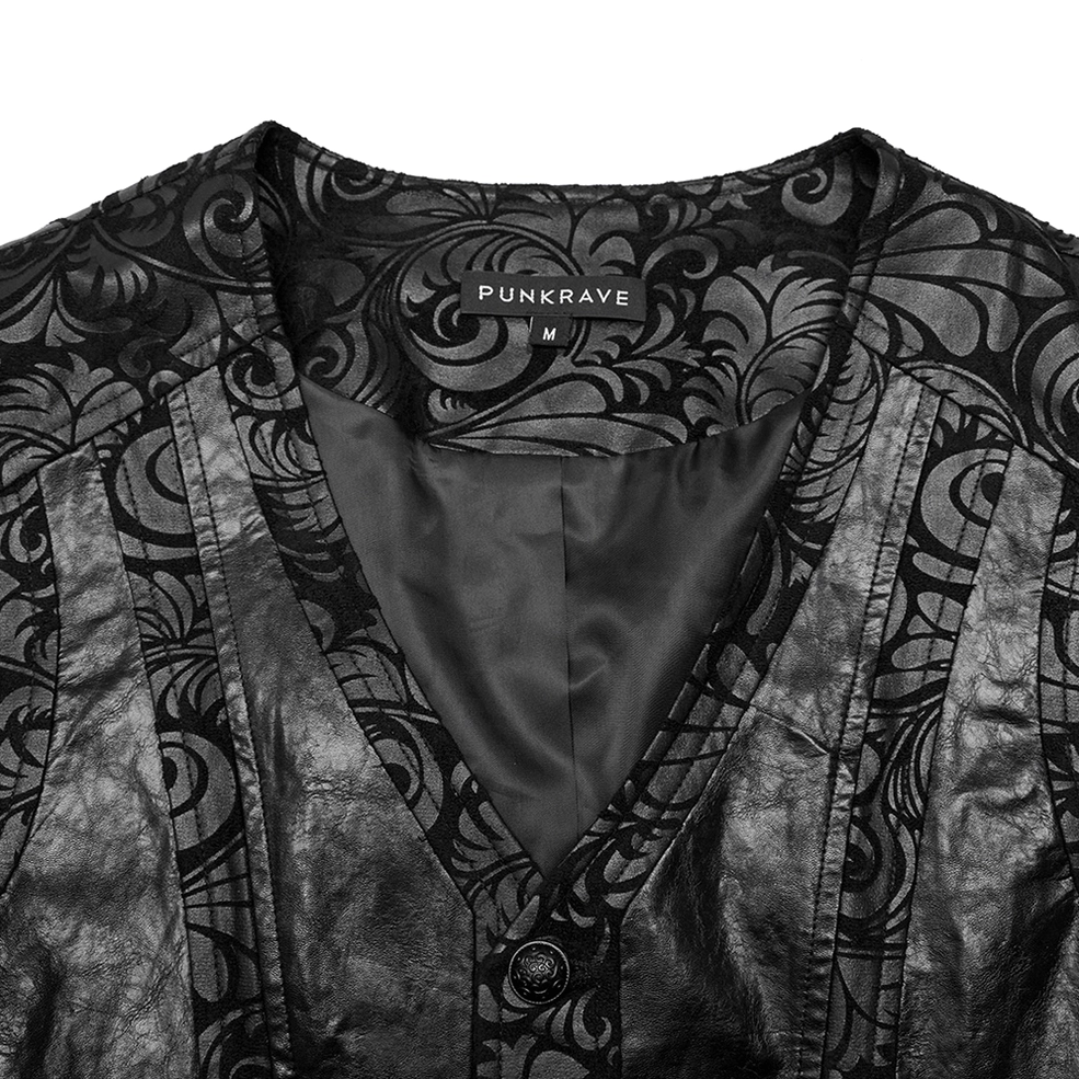 Black gothic waistcoat collar neckline close-up showing satin lining and V-neck design detail