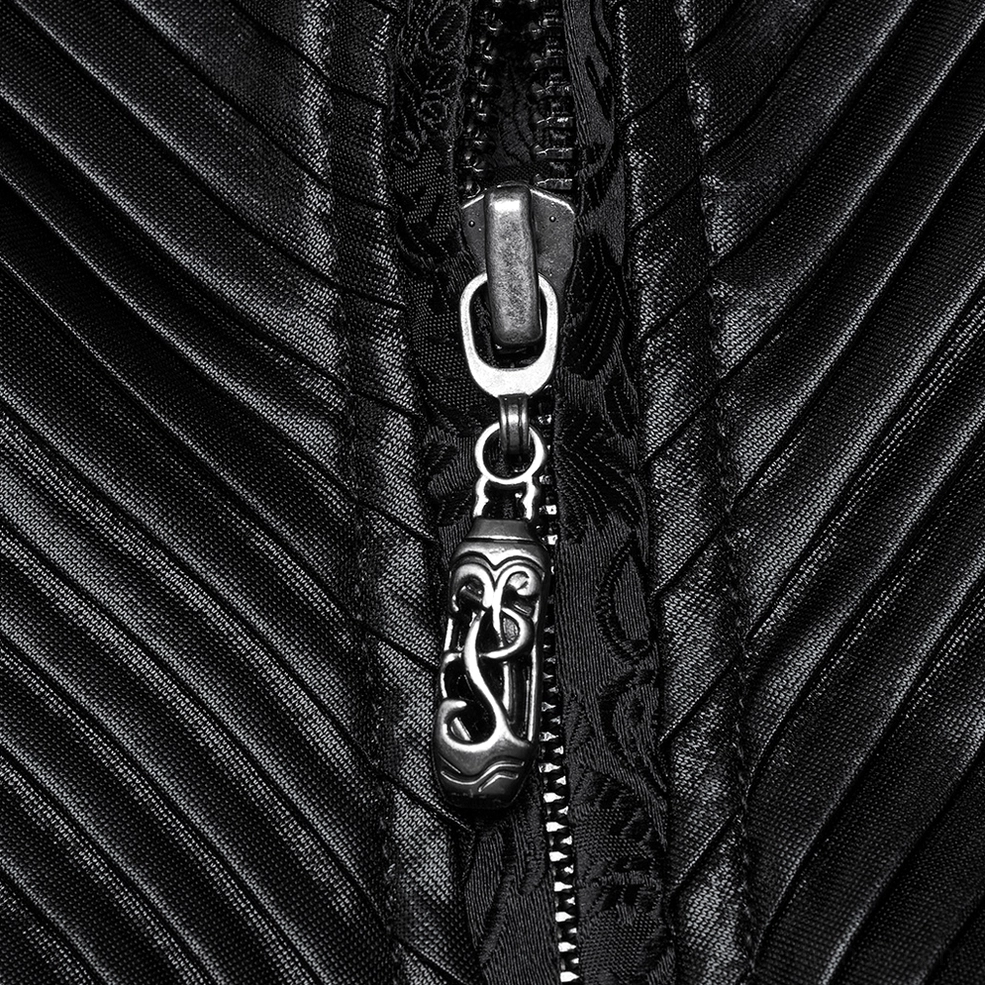 Black gothic waistcoat ornamental metal zipper pull on pleated fabric - functional detail closeup