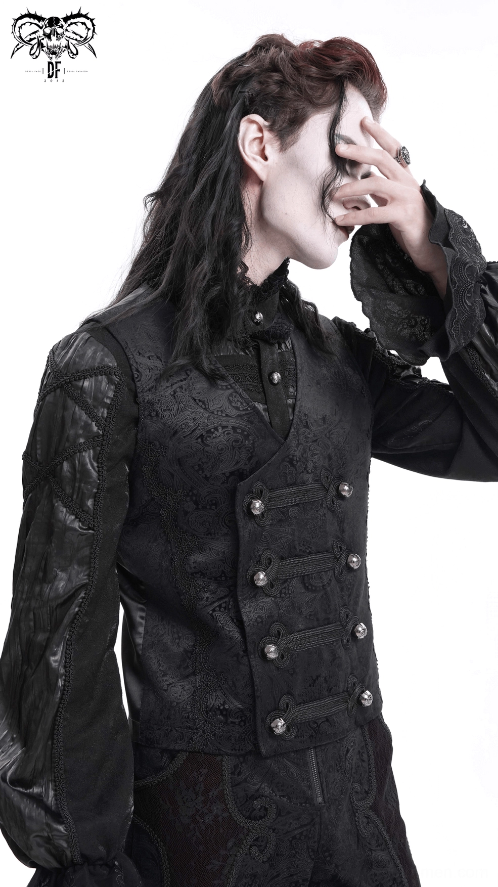Black gothic waistcoat displaying paisley jacquard pattern and metal button details on slim-fit silhouette
