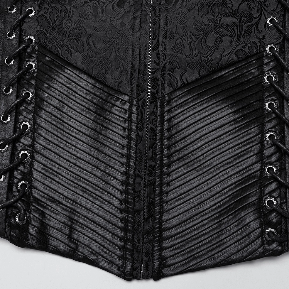 Close-up of black gothic waistcoat showing pleated panels and ornate metal lace eyelets detail