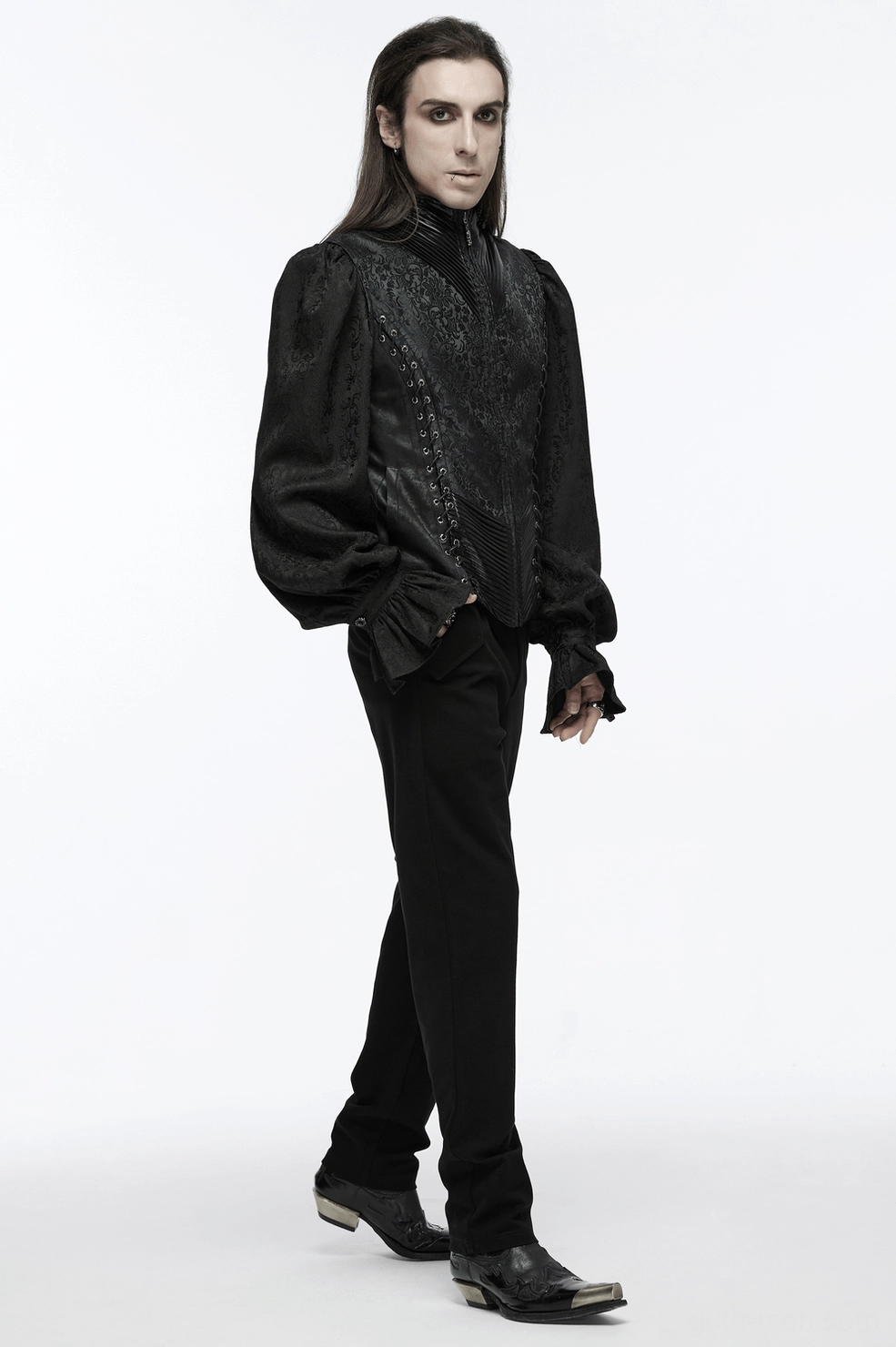 Black gothic waistcoat with functional side pockets and adjustable waist loop - style detail