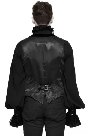 Black gothic men's waistcoat back view featuring satin panel and adjustable waist buckle belt