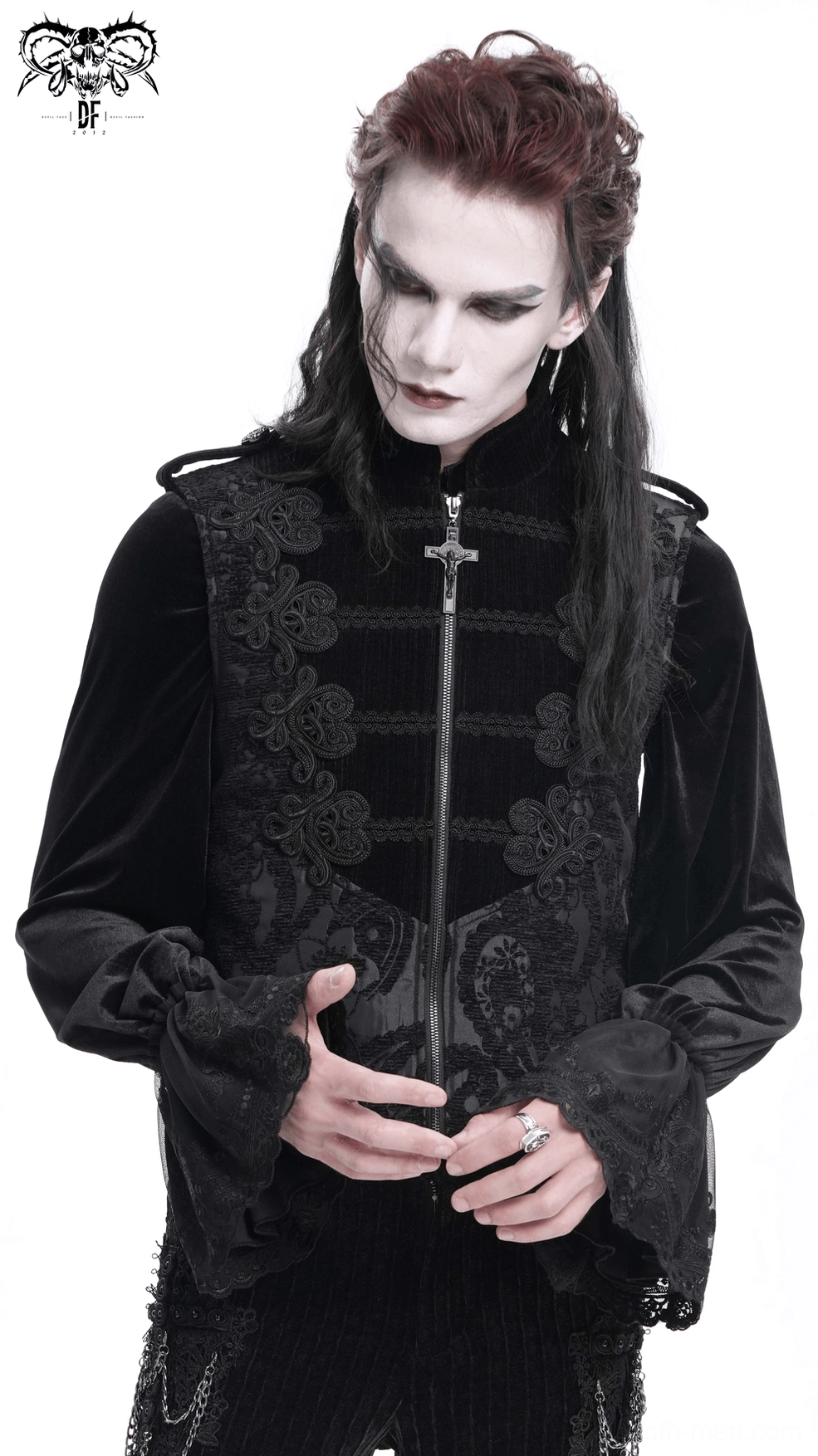 Black gothic waistcoat shoulder strap and fitted construction detail