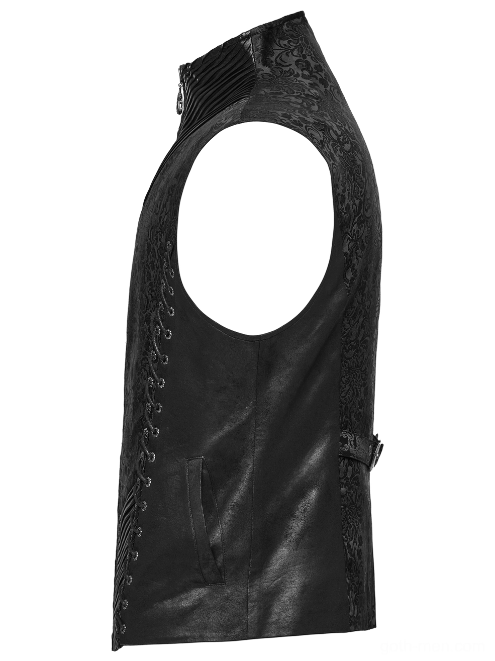 Black gothic waistcoat showing side profile with adjustable back belt and armhole - side flat view
