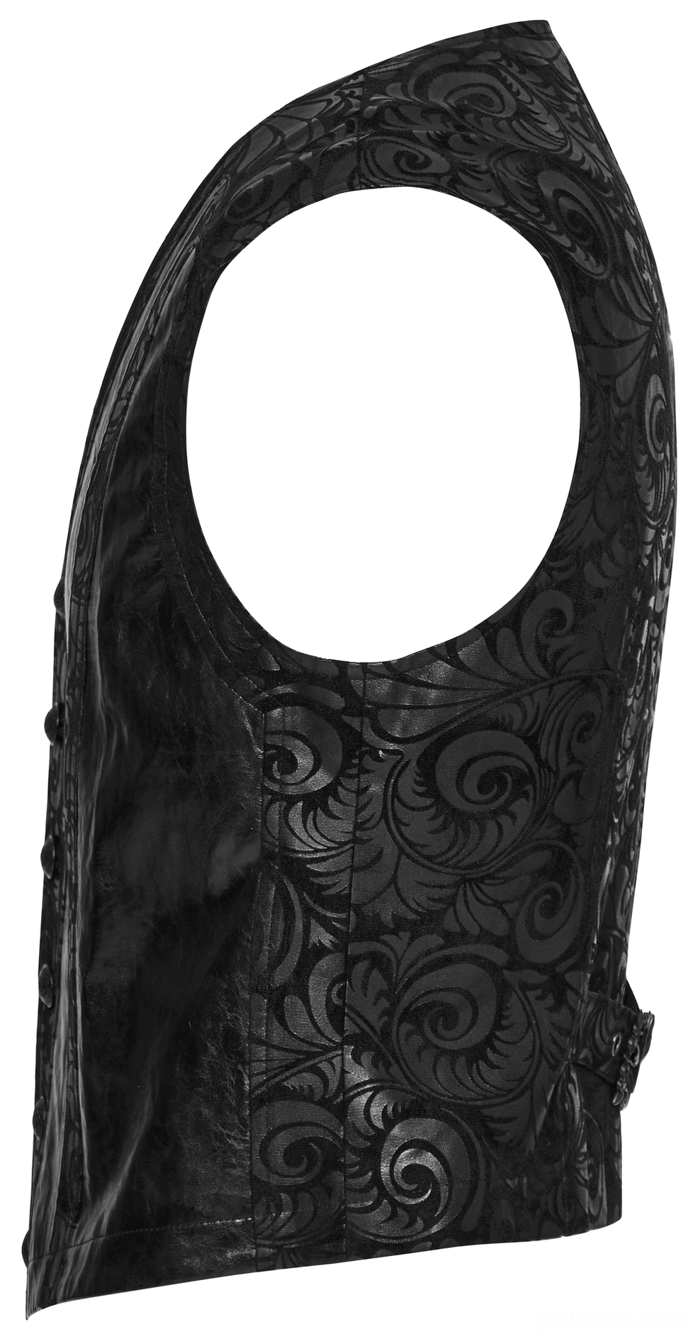 Black gothic waistcoat side profile view showing tailored silhouette armhole and fitted construction