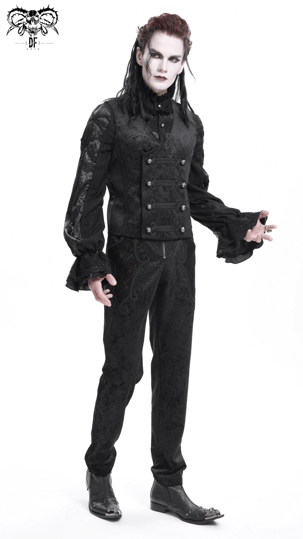 Black gothic waistcoat side profile showing V-neck construction and sleeveless design on mannequin