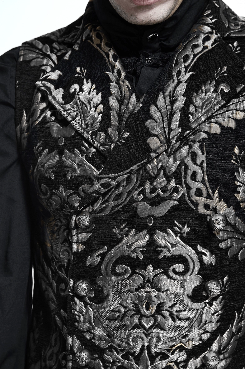 Black gothic waistcoat styled with high-neck shirt front close-up